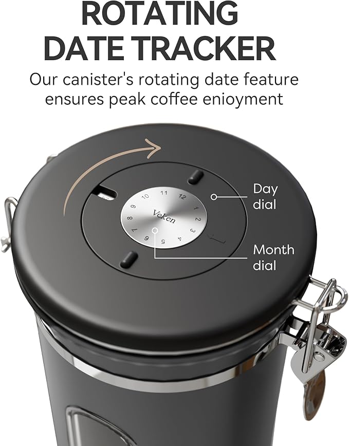 Veken Coffee Canister with Window, Airtight Stainless Steel Container, 22OZ | Date Tracker,Kitchen Food Storage Organizers for Beans, Ground, Espresso, Rice,Tea, Sugar,Cereal, Gifts,Lids,Jars, Scoop,Grey