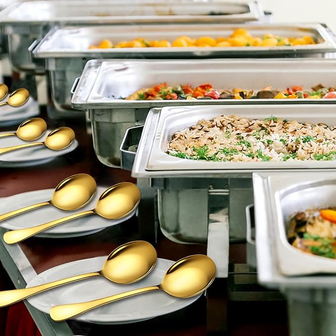 Stainless Steel Serving Spoons Set, 6pc, 10-Inch, Includes 6 Large Spoons, for Parties/Kitchen/Buffet/Catering, Dishwasher Safe, Gold
