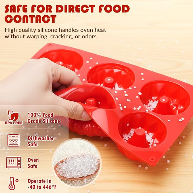 HKNMTT 2Pcs Mini Fluted Cake Pans 6-Cavity Non Stick Buntz Pan BPA Free | Food-Grade Silicone, Oven Safe, Easy Release, for Baking Cakes, Jello, Brownie