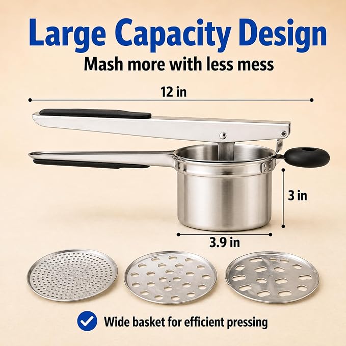 15 oz Stainless Steel Potato Ricer with 3 Interchangeable Plates, Large Capacity, Dishwasher Safe, Silicone Handles, Perfect for Mashed Potatoes, Baby Food, Vegetables & More