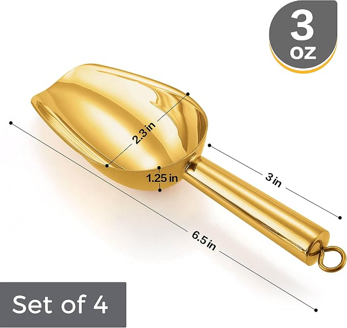 Herogo 3oz Mini ice Scoop Set of 4, Small Stainless Steel Scooper for Candy/Flour/Bean/Pet Food/ Ice Cube, Metal Utility Scoops for Kitchen Bar Party Wedding, Dishwasher Safe & Heavy Duty, Gold