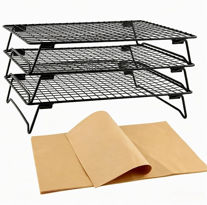 Cooling Racks for Cooking and Baking, 3-Tier Heavy-Duty Wire Cooling Rack | Bread Pie Waffles Roast Cookie Stackable Cooling Racks 10"x13.5", Oven and Dishwasher Safe, 50 Parchment Paper Included