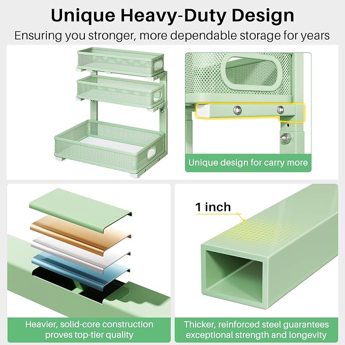 Kitstorack Under Sink Organizer, 2-Pack 3-Tier Height Adjustable Thickened Metal Pull out Cabinet Organizer Shelf, Slide out Storage Drawer Rack for Bathroom Kitchen Pantry Home Organization, Green