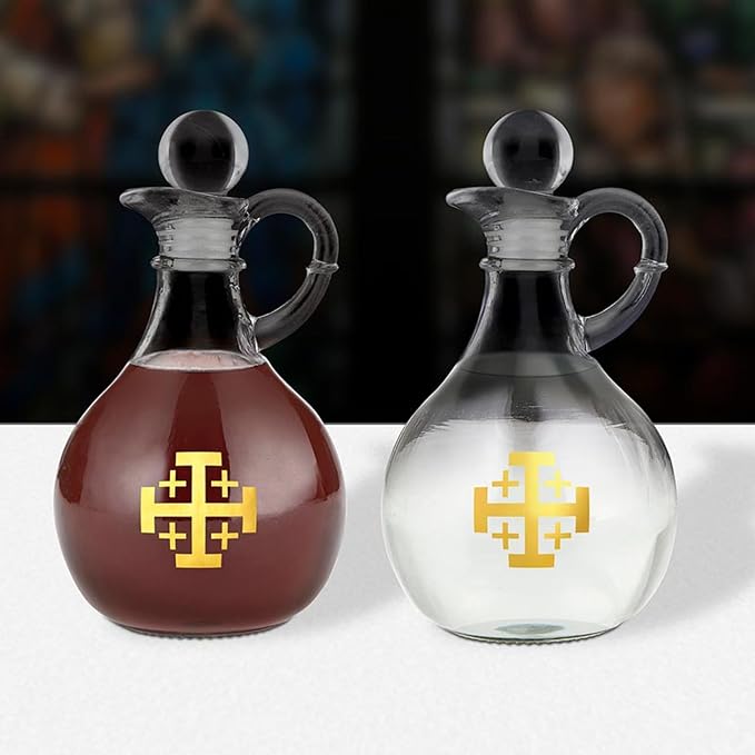 Needzo Jerusalem Cross Cruet Set, Oil and Vinegar Bottle Dispensers, Catholic Church Supplies, 6.5 Inches