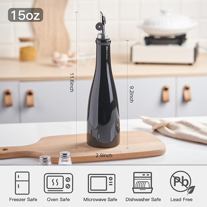 YOLIFE Olive Oil Dispenser Bottle, 15oz Ceramic Oil Dispenser for Kitchen | Oil Bottle with Gravity Spout, Leak Proof EVOO Dispensing Bottle with 2 Spouts and 1 Funnel for Vinegar, Juice(Red)