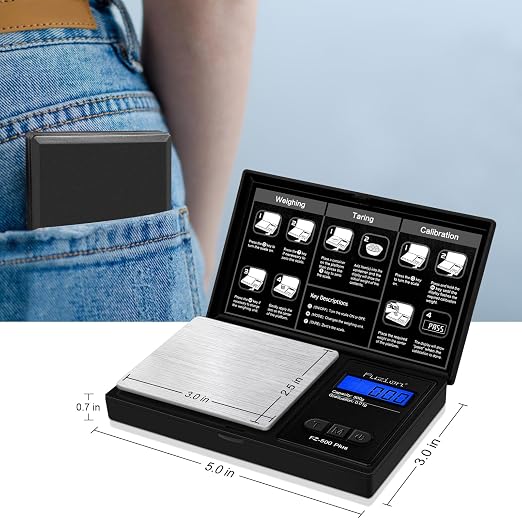 Fuzion Digital Pocket Gram Scale 0.01g x 500g - Small Food Scale with Tray | Easy of Use, Tare Function, 6 Modes Ounces Grains, Batteries Included, Mini Scale for Jewelry, Coins, Herb, Small Food