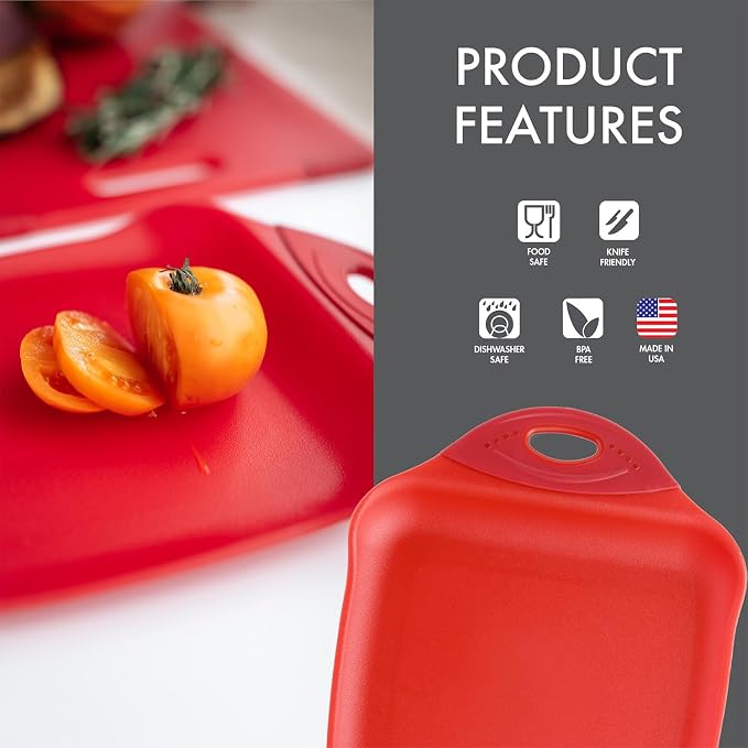 Dexas Chop & Scoop Cutting Board, 9.5 x 13 Inch, Solid Red, BPA-Free Dishwasher Safe Kitchen Prep Board with Handle