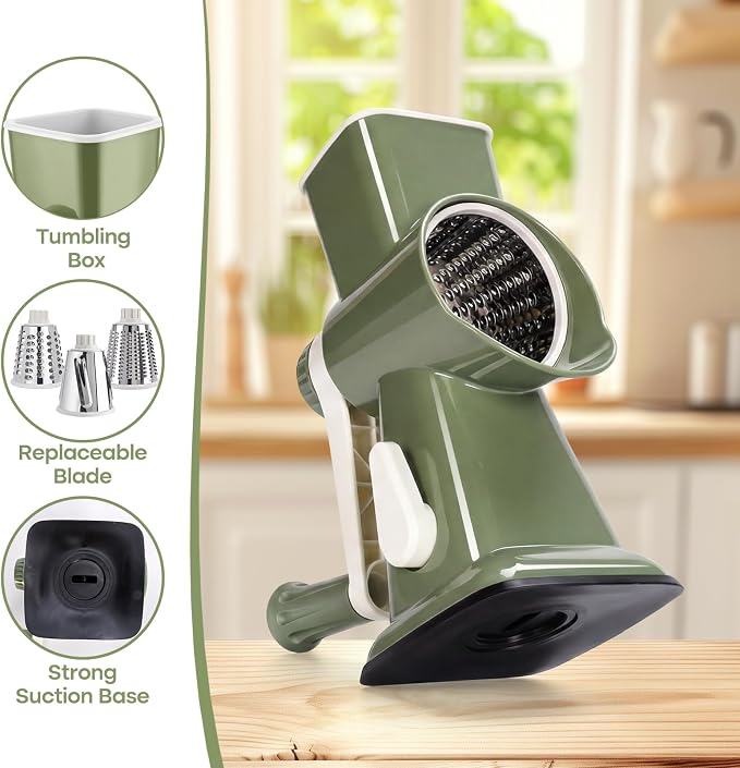 Rotary Cheese Grater,Cheese Shredder Hand Crank, Manual Cheese Grater for Veggies, 3-Blade Grater, Home Kitchen Appliances and Kitchen Gadgets (Green)