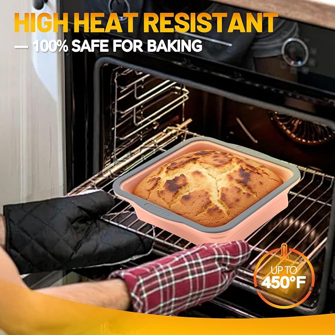 7x7 Silicone Square Cake Pan with Metal Reinforced Edge, Nonstick Brownie Baking Pan, BPA Free, Oven Safe Flexible Silicone Mold, Suitable for Making Cakes, Brownies, Bread, Pie, Lasagna