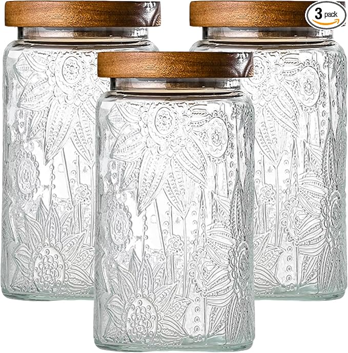 Glass Storage Containers With Lids, Glass Jars With Lids, 32oz, Set Of 3 | Airtight Glass Food Storage Containers, Kitchen Canisters For Sugar, Coffee, Tea, Spice, Flour, Candy, Pasta, Cereal