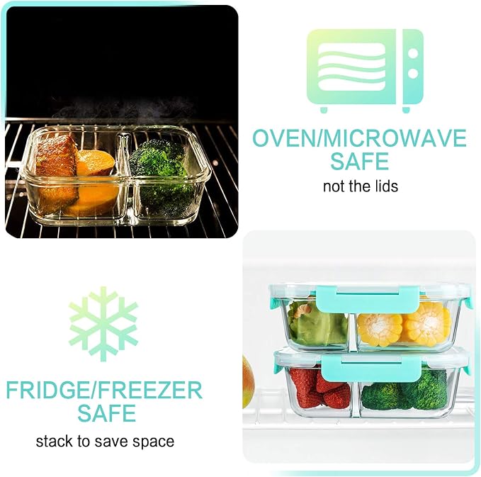 M MCIRCO 5 Pack,36 oz, 2 Compartments Glass Meal Prep Containers with Lids | Divided Glass Food Storage Containers, Portion Control Lunch Containers, Microwave, Oven, Freezer, Dishwasher, Green