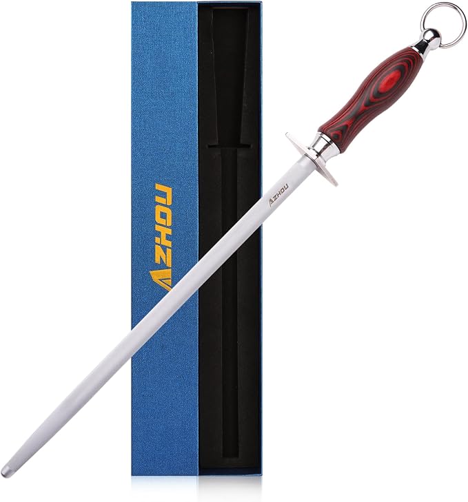 Azhou 12" Professional Knife Sharpener Steel Rod - T12 Carbon Steel (HRC 65±1), Fine 200 Grit for Kitchen & Chef Knives, Easy to Use with Non-Slip Wooden Handle & Gift Box