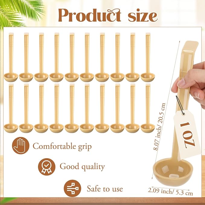 Tioncy 20 Pcs 1 oz Plastic Small Ladles with 8 Inches Long Handle, Mini Ladle for Serving Salsa Sauce Dressing Punch Bowl Sauces and Toppings (Khaki)