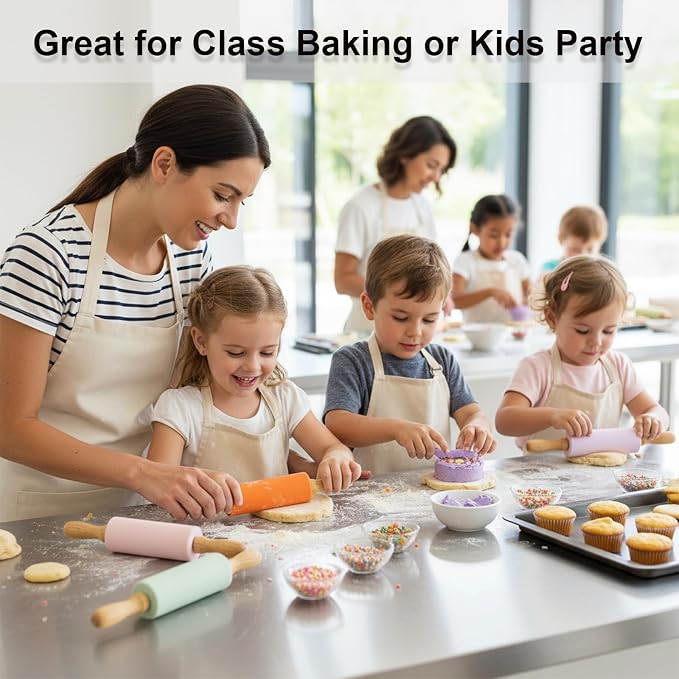 10 Pack Kids Rolling Pins, 9 Inch Small Silicone Rolling Pin with Wooden Handle for Baking Dough Cookie Fondant Pastry, Colorful Rolling Pins for Kids and Adults