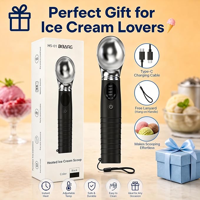 Heated Ice Cream Scoop Rechargeable, Electric Ice Cream Scooper with 4 Temp Modes & LED Display, Heats up to 160°F for Rock-Hard Ice Cream, IPX7 Waterproof Kitchen Gadget for Seniors & Kids (Black)