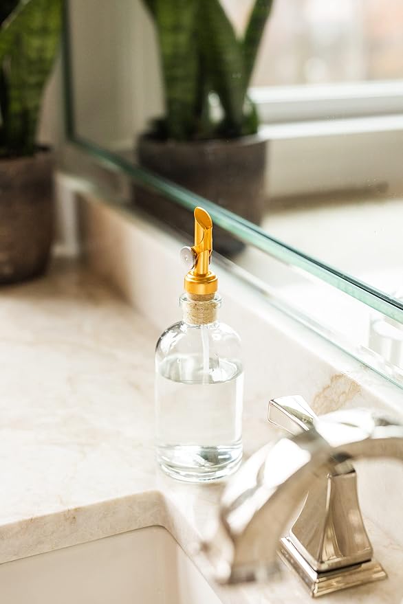 Rail19 Small Clear Glass Mouthwash Dispenser with Metal Pour Spout | Cooking Oil and Vinegar Dispenser - Perfect for The Bathroom, Kitchen and Tabletop, 8oz (Gold)