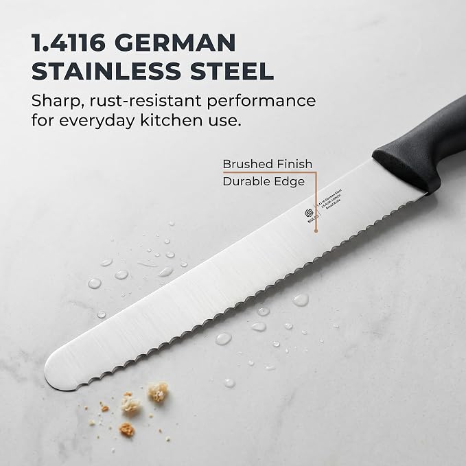 10 Inch Serrated Bread Knife for Homemade Bread, Sourdough & Artisan Loaves, 1.4116 German Stainless Steel, Protective Sheath, Black