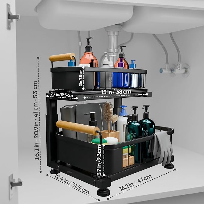 Premium Large Under Sink Organizer, 2-Tier Pull Out, Adjustable | Heavy-duty carbon steel, 7 adjustable heights and smooth ball-bearing sliding baskets for kitchen and bathroom cabinets