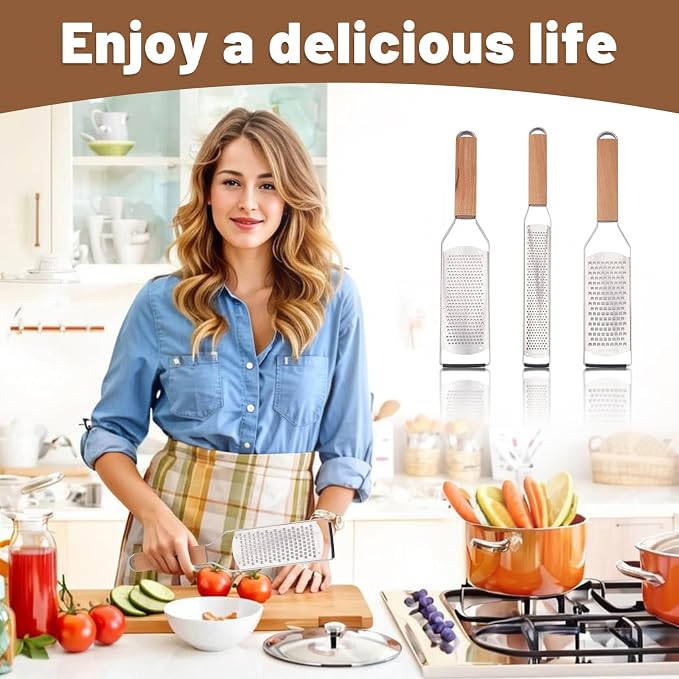 SHIKORI Professional Cheese Graters for Kitchen Stainless Steel Handheld, Metal Lemon Zester Grater With Wood Handle For Cheese, Chocolate, Spices, Kitchen Gadgets And Tools-Longboard