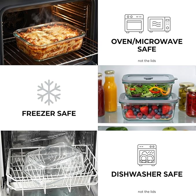 12 Pack Multi-Size Glass Food Storage Containers with Glass Lids | 4 × 33oz, 4 × 21oz, 4 × 13oz Glass Meal Prep Containers with 5 Small Sauce Jars for Microwave/Oven/Freezer/Dishwasher, Grey