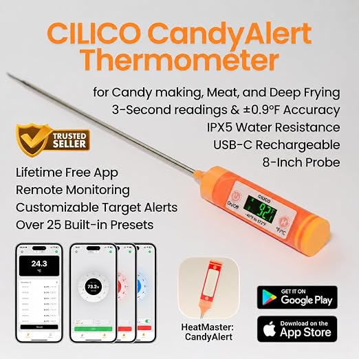 AI Bluetooth Candy & Meat Thermometer with HB Negative LCD, Smart Alerts via App (Type-C Rechargeable) Digital Instant Reading for Candy, BBQ, Deep Frying, & Liquids, 8" Long Probe,CT200-BT