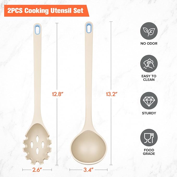 Silicone Spaghetti Spoon&Soup Ladle Cooking Utensils Set of 2,No Scratch for Nonstick Cookware,BPA Free, 450℉ Heat Resistant (KHAKI)