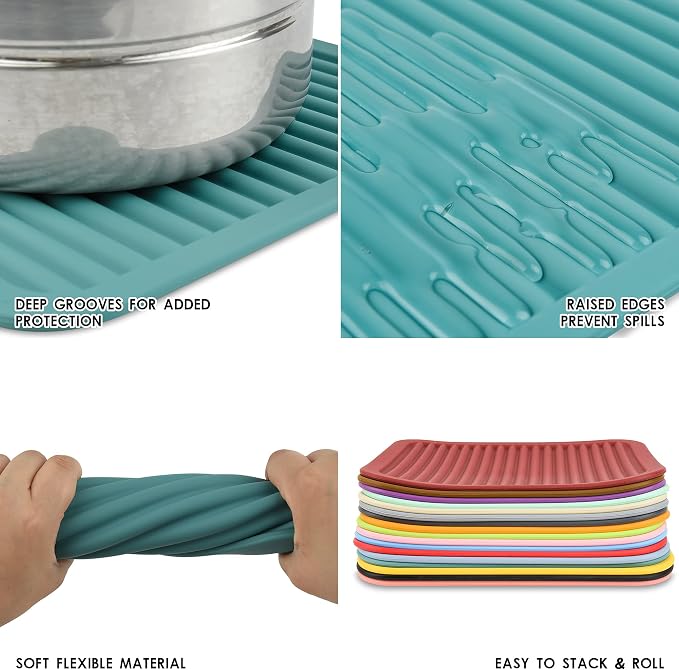 Silicone Trivets Mats for Dishes and Pots, Countertop, Table Hot Pads - Spoon Rest, Drying Mats Set of 2 (Mint Green)