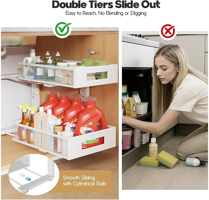 Under Sink Organizer, 2-Tier Dual Pull Out Cabinet Organizer Drawers With Smooth Circular Rail, Large Capacity Metal Mesh Sliding Shelves For Bathroom& Kitchen Storage,Height Adjustable–White,1 Pack