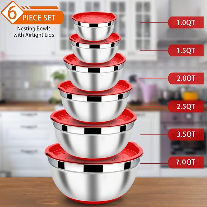 LIANYU Mixing Bowls Set of 6 with Airtight Lids, Non-slip Bottom | Large Metal Size 7, 3.5, 2.5, 2, 1.5, 1QT, Stainless Steel Nesting Bowls for Cooking, Baking, Food Storage, Red