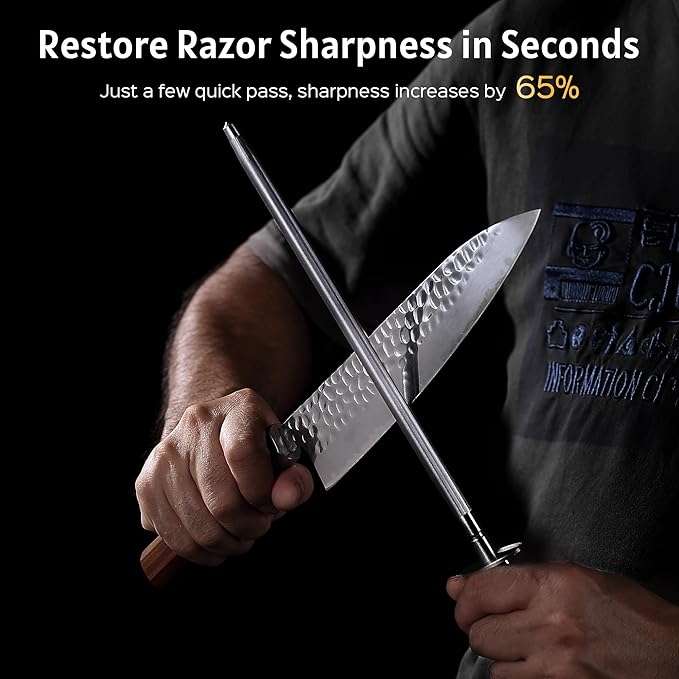 PAUDIN Honing Rod, Knife Sharpener Rod 10 inch, Professional Kitchen Knife Sharpener, High Carbon Knife Sharpening Steel with Ergonomic Pakkawood Handle, Honing Steel for All Chef Knives