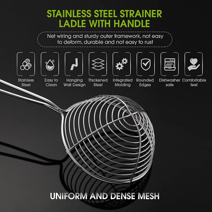 Geiserailie 12 Pieces Hot Pot Kit Strainer Scoops Stainless Steel 2.5 Inch Mini Spider Strainer Skimmer Pasta Mesh Spoon Asian Skimmer Spoon Ladle with Handle for Home (Black)