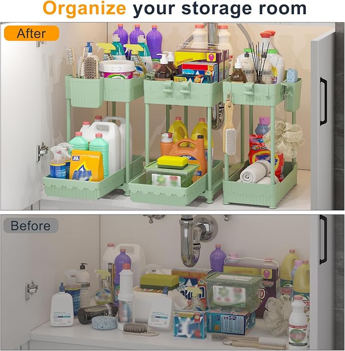 3 Pack Under Sink Organizers, 2-Tier Multi-Use Kitchen and Bathroom Organizers and Storage with Sliding Drawers, Bathroom Cabinet Organizer (Green, 14.8 Inch)