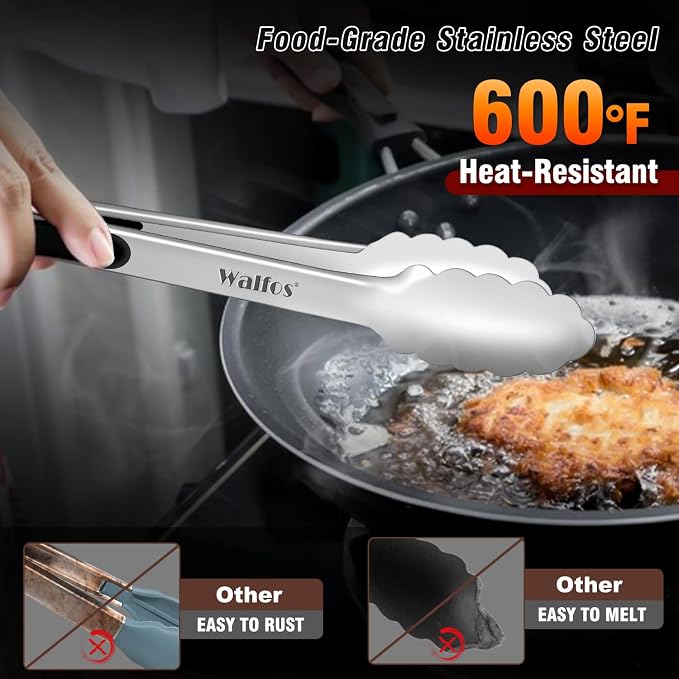 Walfos Extra Long Grill Tongs - Heavy Duty Metal Tongs - 16 & 12 inch Great for Grilling,BBQ/Barbecue,Cooking - Stainless Steel and Non-Slip Heat Resistant Silicone Handle (Set of 2)