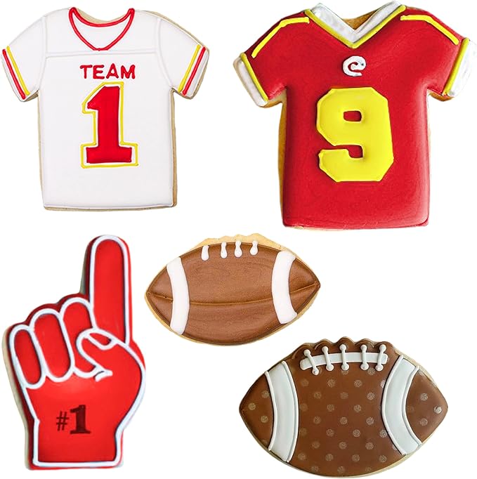 Ann Clark Football Cookie Cutters 5-Pc. Set (Fan Hand, Large Football, Small Football, Large T-shirt/Jersey, Small T-shirt/Jersey) Made in USA
