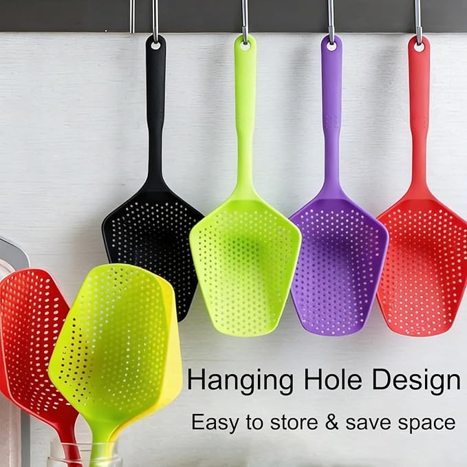 SEIWEI Large Strainer Spoon, Long Handle Tool Colander Draining Scoop, Heat-Resistant Pasta Strainer Cooking Kitchen for Spaghetti, Noodles, Veggies, Non-Slip Grip & Hanging Loop, 13.5'', Purple