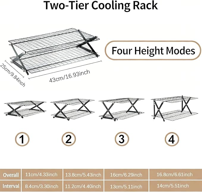 Collapsible Cooling Rack, Adjustable Stainless Steel Drying Rack (FOLD-2-TIER) | X-Shaped Structure Wire Cooling Rack for Baking, Cookies, Cake, Fruit, Bread,Roasting, Grilling, Drying Rack, Dishwasher Safe