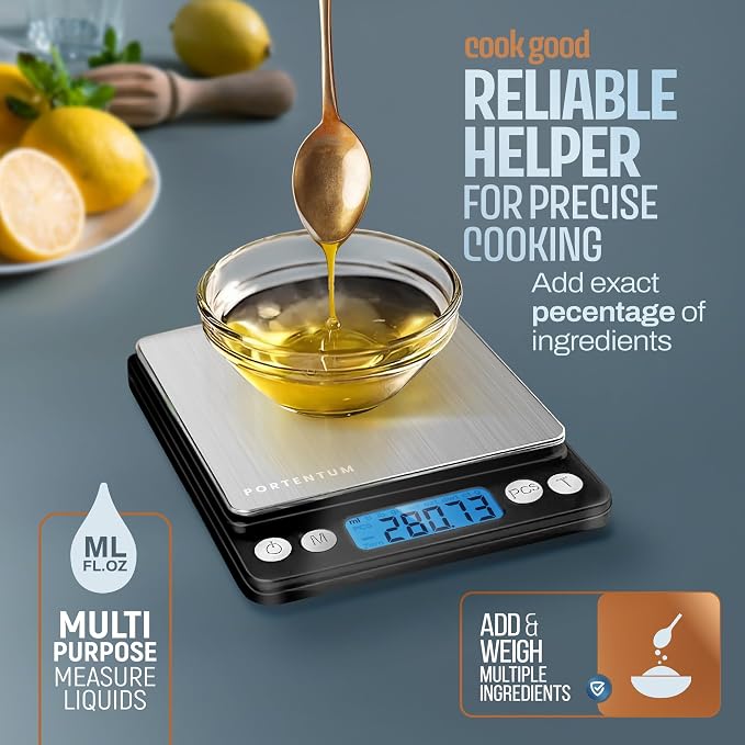 PORTENTUM Digital Kitchen Scale 500g/0.01g - Food or Mail, Electronic, Stainless Steel, Measuring Function for Liquid in ml and fl. oz., Precision Scale