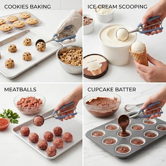 Cookie Scoop Set, 3Pcs Ice Cream Scoop, Cookie Scoops for Baking Set of 3, 18/8 Stainless Steel Cookie Scooper for Baking, Ice Cream Scooper with Trigger Release, Blue Gray Grip Cookie Dough Scoop