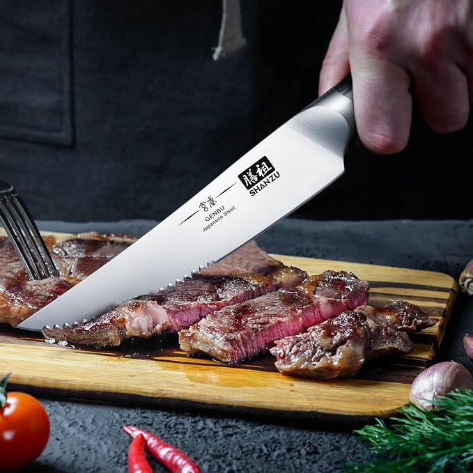 SHAN ZU 6 Pc Steak Knife Set, 4.5 Inch High Carbon Japanese Super Steel Steak Knives, Ultra Sharp Kitchen Steak Knife with K133 Ergonomic Handle, Black Tortoise Genbu Series