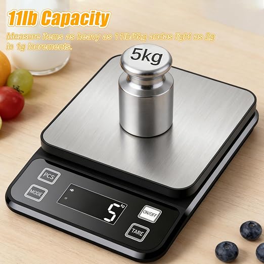 Waterproof Kitchen Scale, 5kg/11lb Food Scale Precisely Measures Grams and Ounces for Baking and Cooking, Stainless Stee Digital Scale with LCD Display Backlight for Food