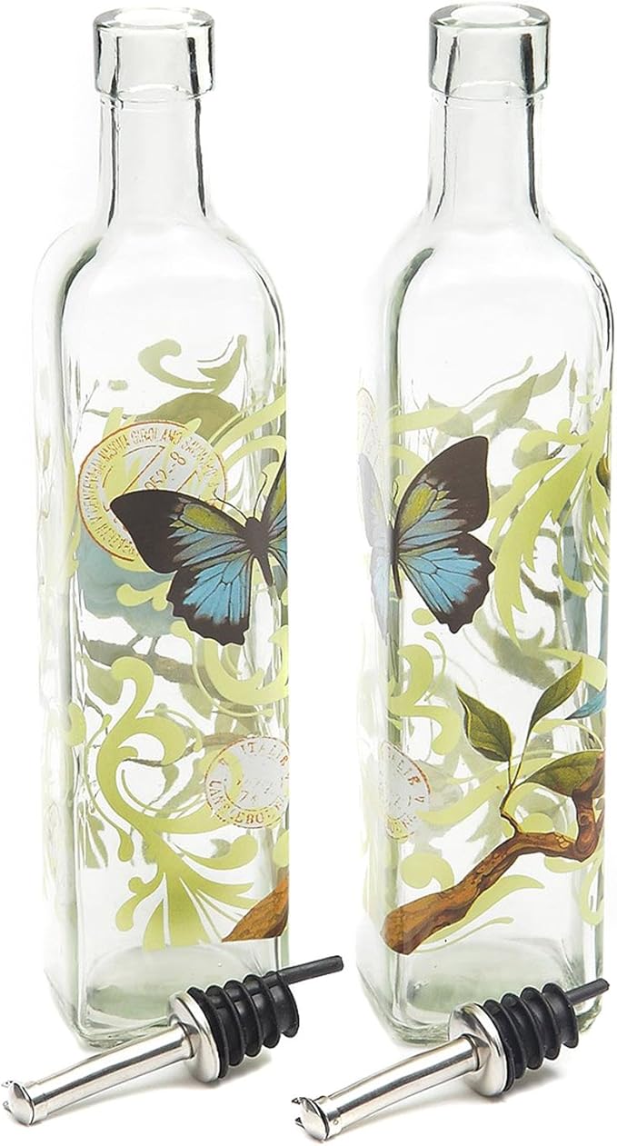 CEDAR HOME Olive Oil Bottle Set Glass Dispenser Vinegar Cruet 17oz. with Stainless Steel Leak Proof Pourer Spout for Cooking or Salad