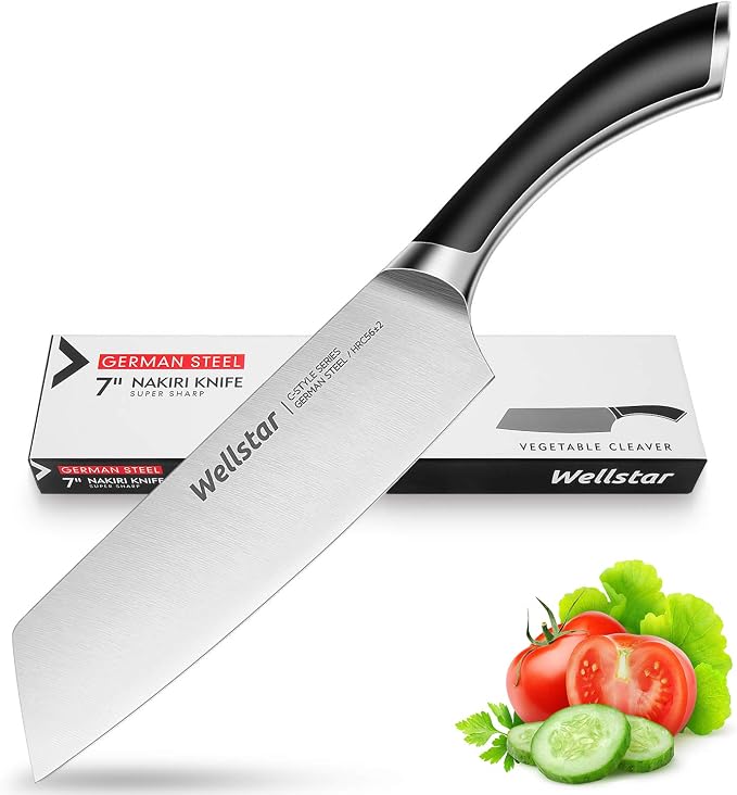 WELLSTAR Kiritsuke knife, Nakiri Vegetable Cleaver Kitchen Knife – Razor Sharp Forged German Stainless Steel Blade, Ergonomic Full Tang Handle, Multipurpose Use for Home Restaurant – Gift Box