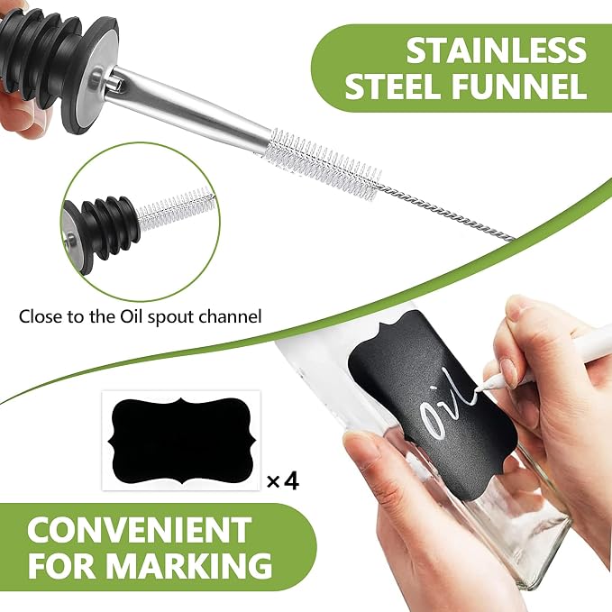 Leaflai Olive Oil Dispenser Bottle, 2 Pcs Glass Olive Oil Dispenser and Vinegar Dispenser Set with 2 Stainless Steel Pourers, 4 Labels,1 Brush and 1 Funnel Oil Bottles for Kitchen (500ml)