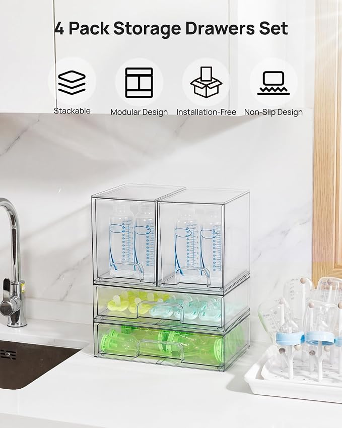 Vtopmart Clear Stackable Storage Drawers Set of 8, Plastic Organizer Bins | Multi-purpose Boxes for Baby Bottle Storage, Ideal for Kichen, Vanity, Bathroom, Undersink, Cabinet, Pantry Organization