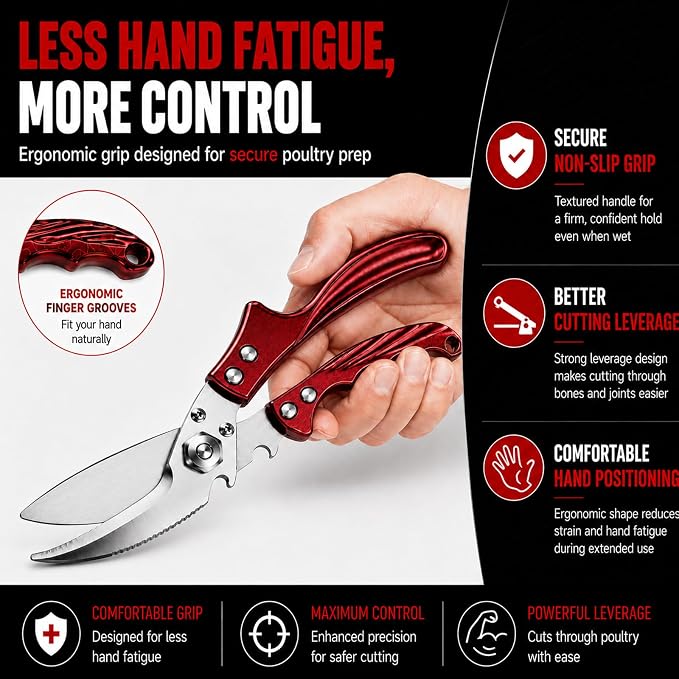Heavy Duty Poultry Shears, Stainless Steel Kitchen Shears for Chicken, Turkey, Meat & Fish, Detachable Bone Scissors with Serrated Blade, Ergonomic Handle, Dishwasher Safe, Red