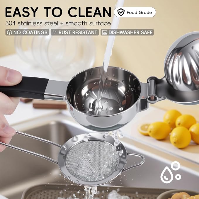 304 Stainless Steel Lemon Squeezer, Manual Lime Squeezer with 13 Filter Holes & Fine Strainer – Heavy Duty Citrus Juicer with Non-Slip Handles, Dishwasher Safe