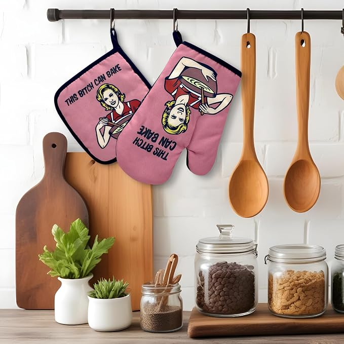 This Bxxch Can Bake, Funny Oven Mitts and Pot Holders, Silicone Non-Slip Oven Mitts, Kitchen Gift for Women, Bake Lover Gift, Housewarming Gift Ideas