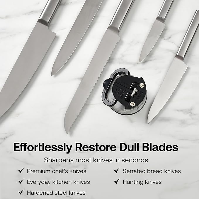 AnySharp – Editions – Hands Free Knife Sharpener - Easy to Use Sharpening Tool w/PowerGrip Suction Base and 20-Degree Pre-Set Angle - for All Knives: Chef's, Serrated, Hardened Steel - White Marble