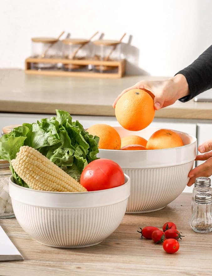 Ceramic Large Glazed White Stripe Mixing Bowls for Kitchen, Set of 2 Big Serving Bowls for Cooking, Popcorn, Salad, Soup, Baking, Dough Bread Making Bowl, 10 inch + 8 inch