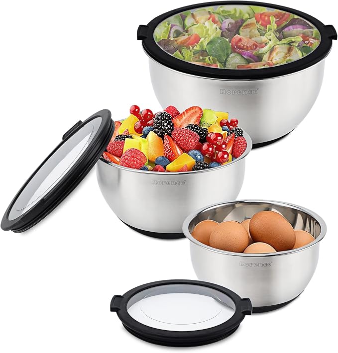 Rorence Mixing Bowls with Lids Set, Non Slip Silicone Bottom Stainless Steel Mixing Kitchen Bowls for Baking/Storage, Dishwasher Safe, 5/3/1.5QT